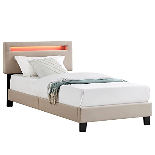 CARO-Möbel Polsterbett Glace 90x200 cm mit Stoffbezug, modernes Bettgestell mit LED Beleuchtung, Schlichtes bequemes Bett gepolstert in beige