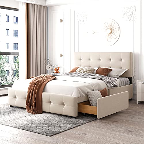 Kehun Polsterbett Doppelbett 140x200 cm mit Kopfteil, Bett mit 4 Stauraum Schubladen, Stauraumbett mit Lattenrost und Metallrahmen, Betten mit Bettkasten, Samt, Beige, Ohne Matratze