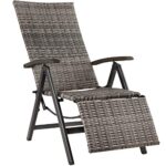 tectake® Alu Polyrattan Gartenstuhl mit Armlehnen, Campingstuhl mit 6-Fach Verstellbarer Rückenlehne, klappbar, Relaxsessel mit Liegefunktion, wetterfest, Klappstuhl mit Fußablage - grau