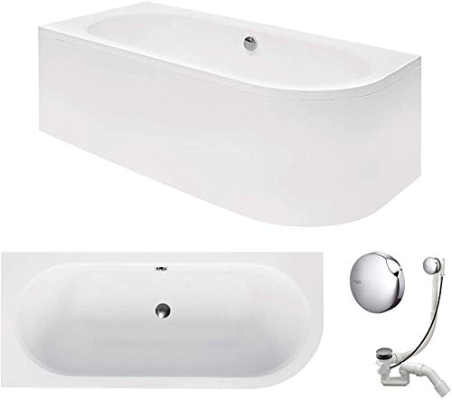 VBChome Badewanne 180x80 cm Acryl SET Schürze Siphon Wanne Ecke Eckbadewanne Weiß Design Modern Ablaufgarnitur in Chrom für 2 Personen links