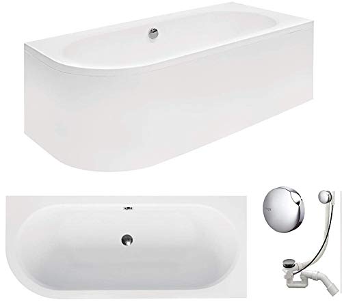 VBChome Badewanne 180x80 cm Acryl SET Schürze Siphon Wanne Ecke Eckbadewanne Weiß Design Modern Ablaufgarnitur in Chrom für 2 Personen rechts